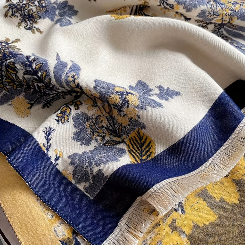 Women's Autumn Winter Windproof Blanket Scarf Double-Sided Jacquard Pattern Soft Warm Fringe Shawl