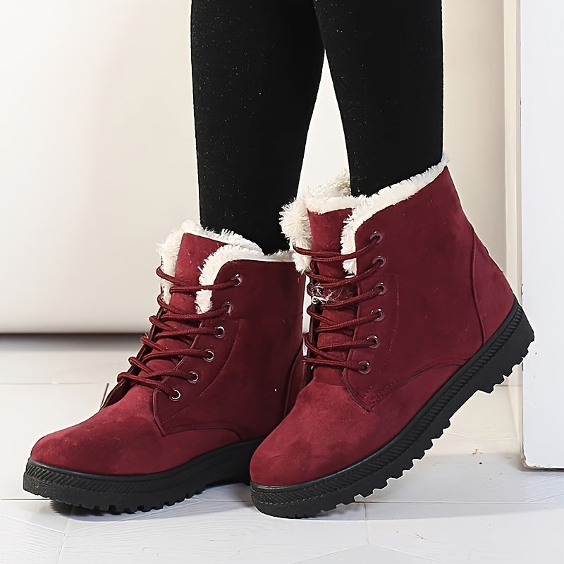 Women's Solid Color Short Boots Casual Lace-Up Plush Lined Winter Ankle Boots