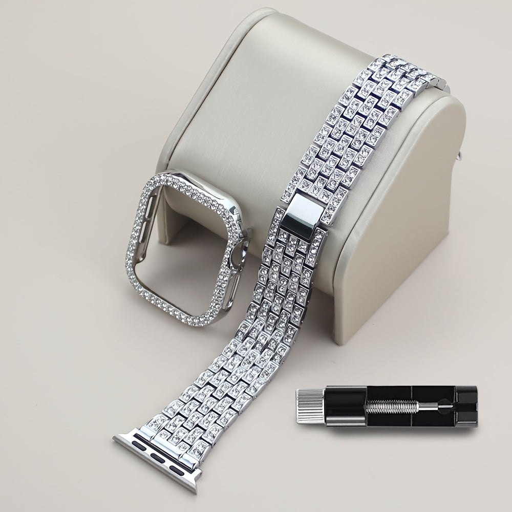 2-в-1 ремешок для часов с полым корпусом, совместимый с ремешками Apple Watch 38mm-46mm + корпус. Женские украшения, сверкающий заменяемый металлический ремешок с алмазными стразами и 2 шт. защитного покрытия из ПК. Нет