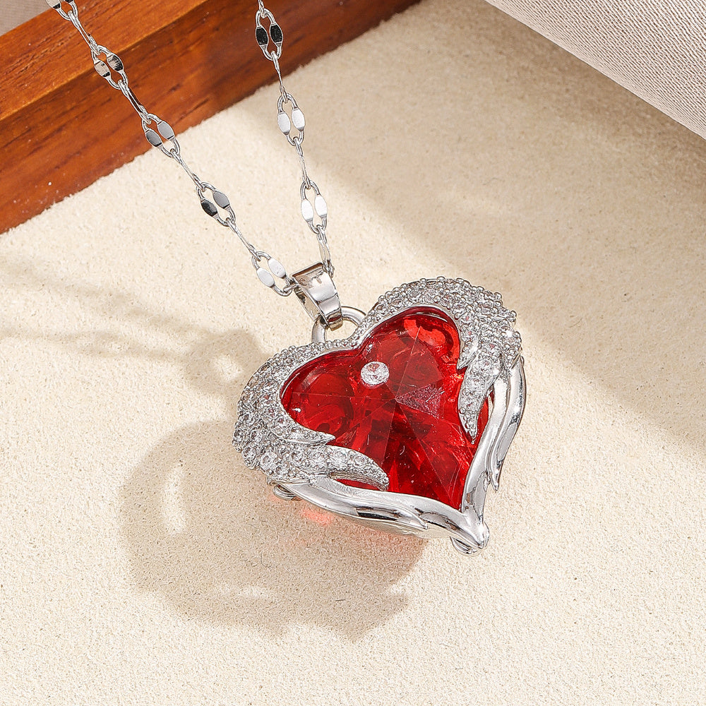 Stainless Steel Heart Pendant Necklace with Synthetic Zirconia July Birthstone for Women