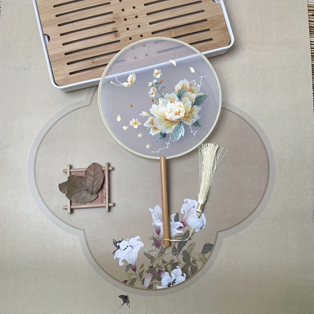 Silk Embroidered Fan with Tassel Flower for Home Travel School Office