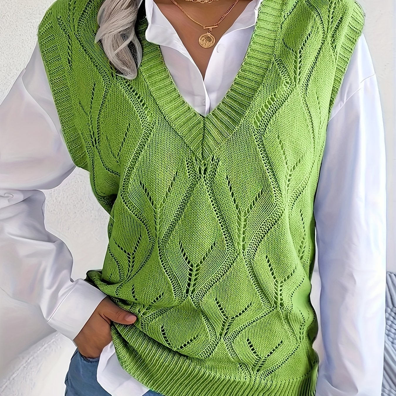 Plus Size Women's V-Neck Lace Sweater Vest Knitwear Casual Layering