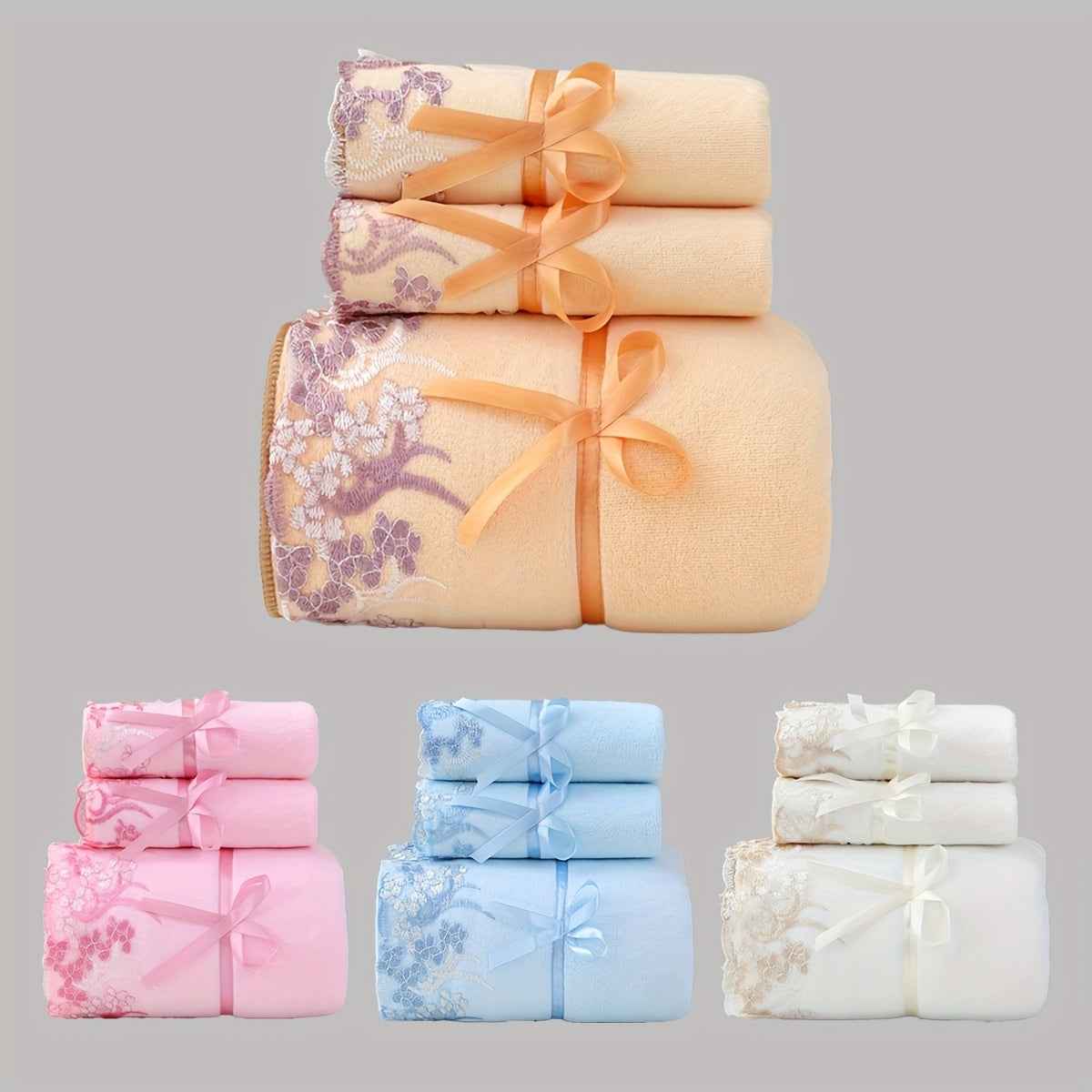 3-Piece Towel Set with Lace Embroidery Bath and Face Towels Assorted Colors
