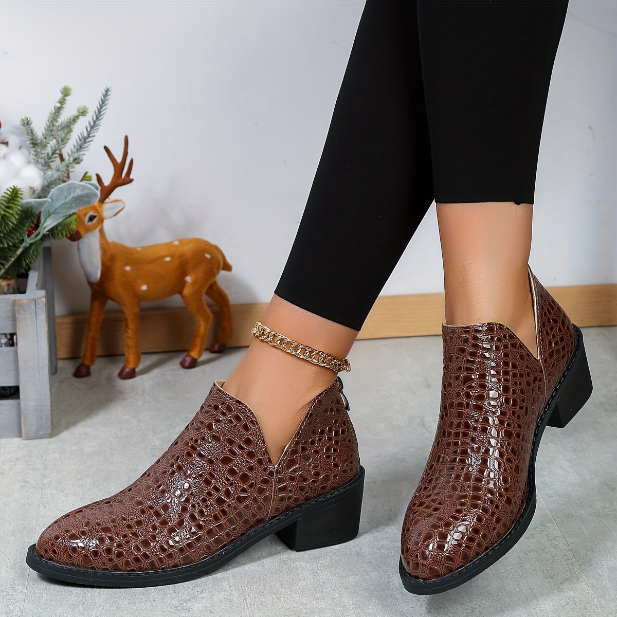 Women's Faux Leather V-Back Zip Ankle Boots with Block Heel and Round Toe