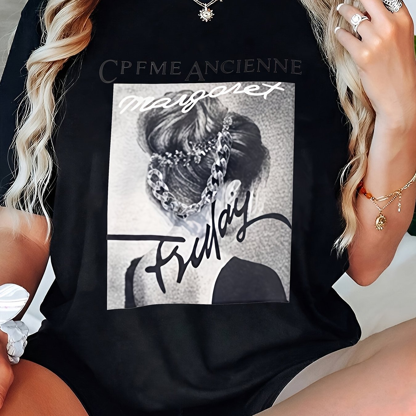 Plus Size Women's Black Short Sleeve T-Shirt Casual Crew Neck Portrait Print