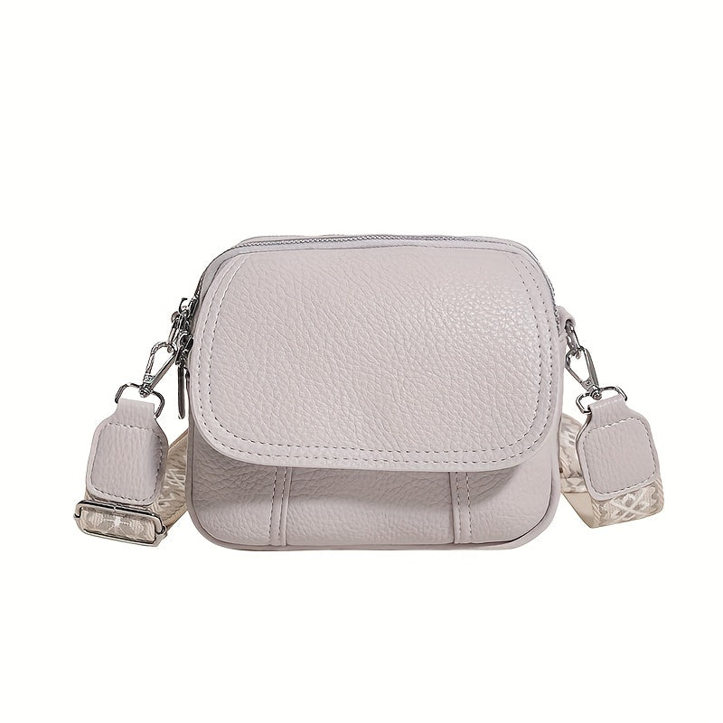 Square Crossbody Bag with Wide Strap Zipper in Solid Color PU Material
