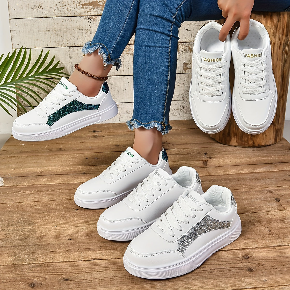 Women's Glitter Lace-Up Sneakers, Lightweight Soft Sole Skate Shoes