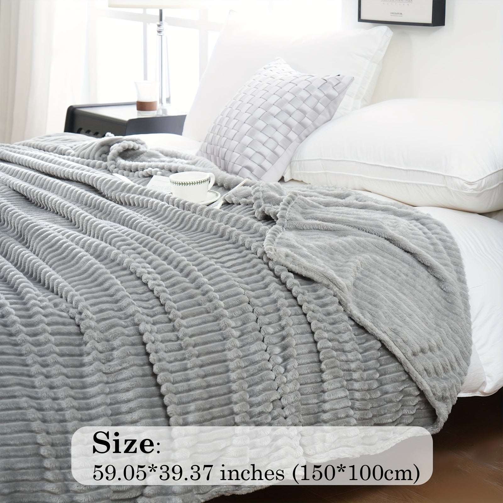 Flannel Throw Blanket 220GSM Ribbed Soft Warm All-Season Bed Sofa Office White Gray Black Beige