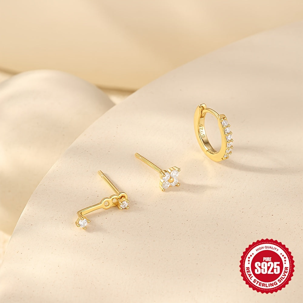 Set of 3 Sterling Silver Stud Earrings with Synthetic Zirconia April Birthstone for All-Season Wear