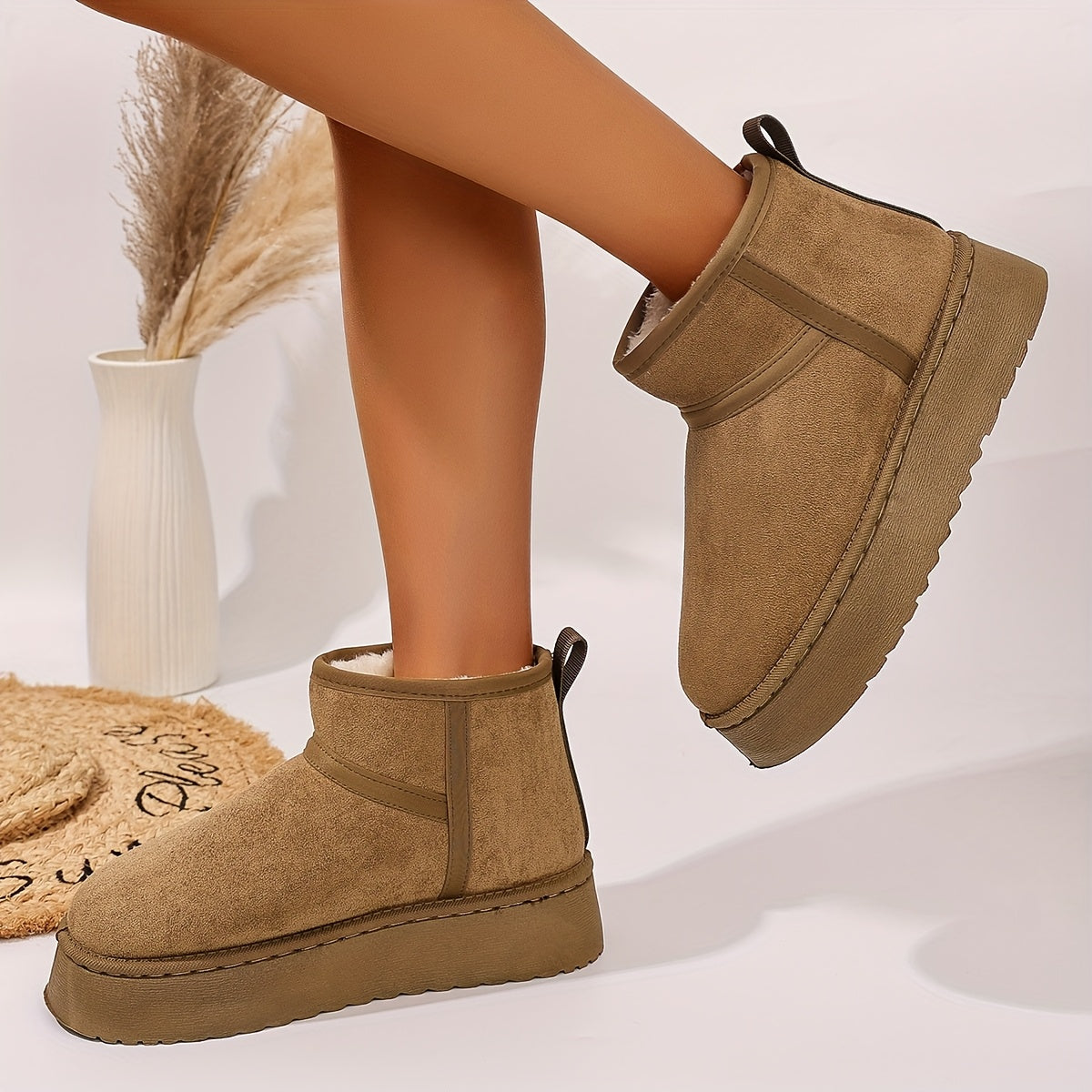 Women's Cozy Faux-Fur Slip-On Winter Snow Boots Casual Mid-Heel