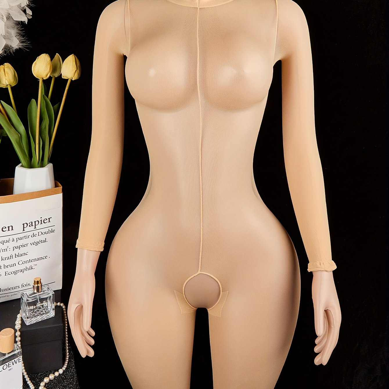 Women's Crotchless Sheer Bodystocking in Solid Color Knit Fabric