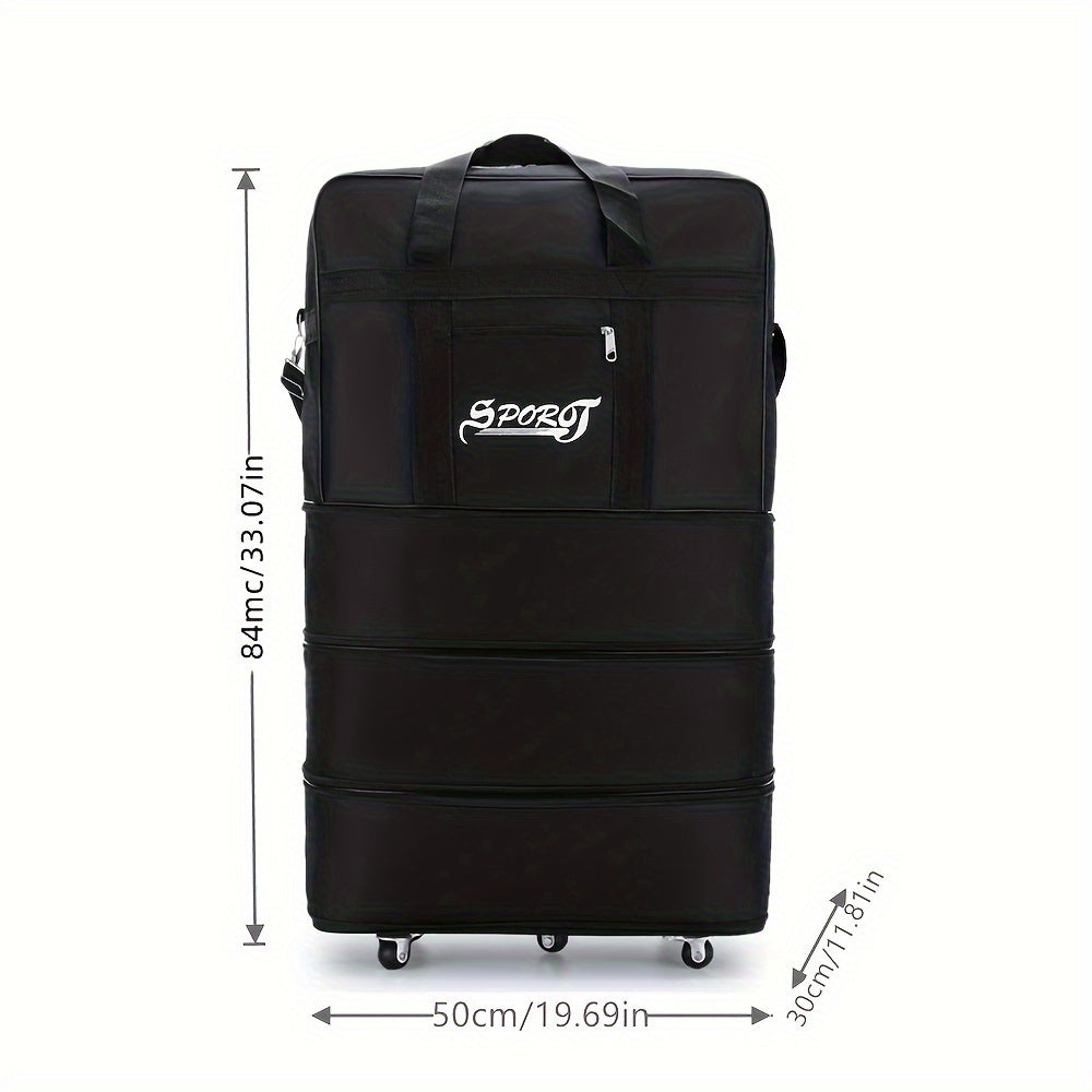 Multilayer Wheeled Duffel Bag Lightweight Nylon Travel Trolley Suitcase Black