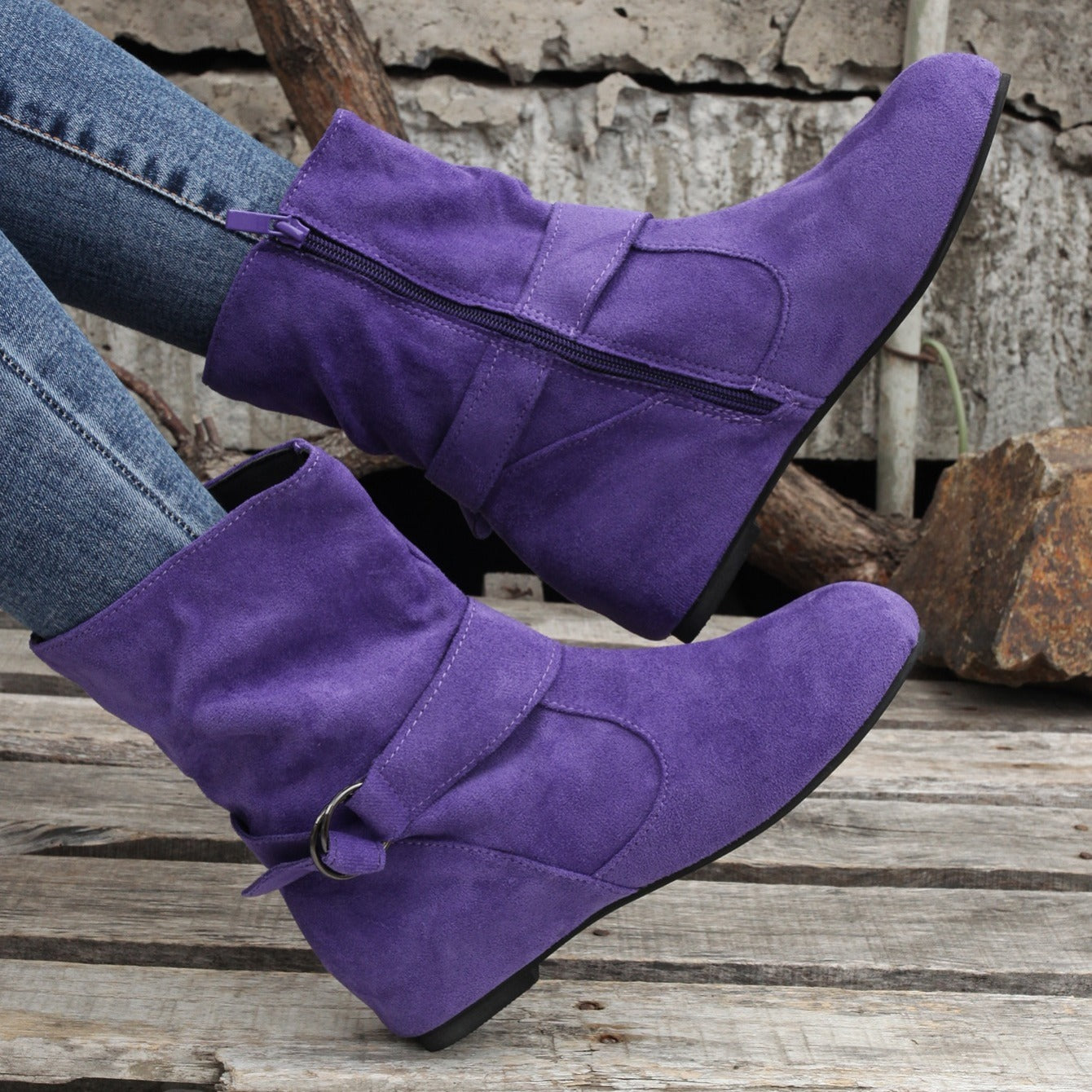 Women's Ankle Boots Solid Color Round Toe Buckle Side Zipper Outdoor Shoes