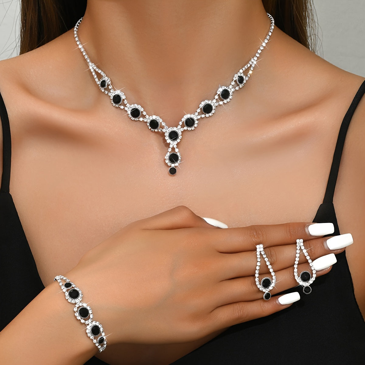 Silver Plated Copper Jewelry Set with Blue and Black Rhinestones Necklace Earrings Bracelet for Parties Weddings