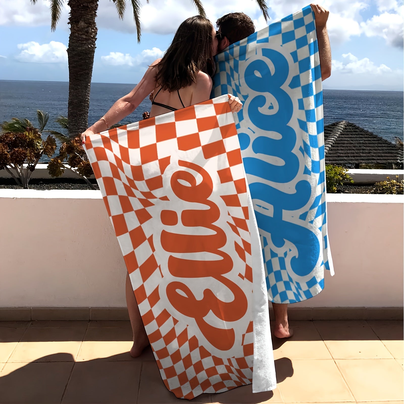 Customized Lattice Pattern Beach Towel with Name Quick-Drying and Absorbent for Beach Swimming Camping