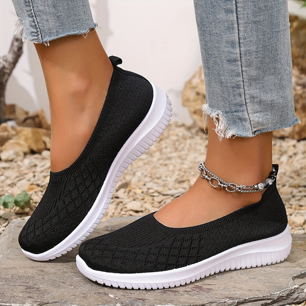 Women's Slip-On Sneakers Black Knit Comfortable Low-Top Shoes
