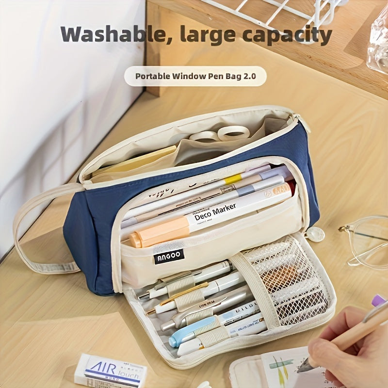 Girls Pink and White Checkered Three-Layer Pencil Case Made of Durable Twill Fabric