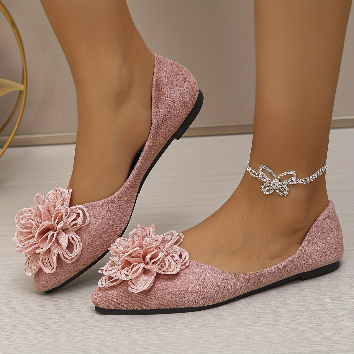 Women's Pink Flower Slip-On Flats Low Heel Summer Shoes