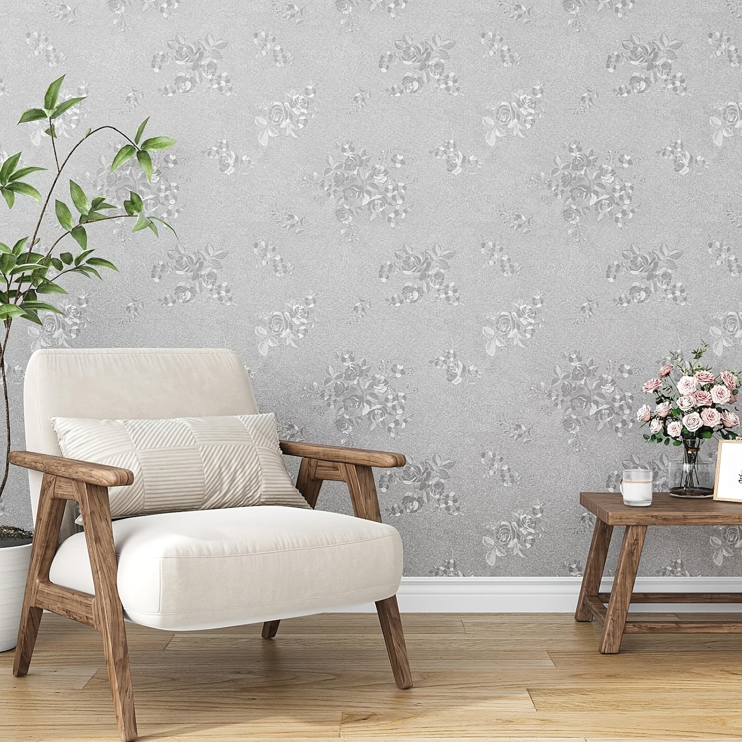 Silver Gray Floral Vinyl Wallpaper Roll Self-Adhesive Removable for Home Decor