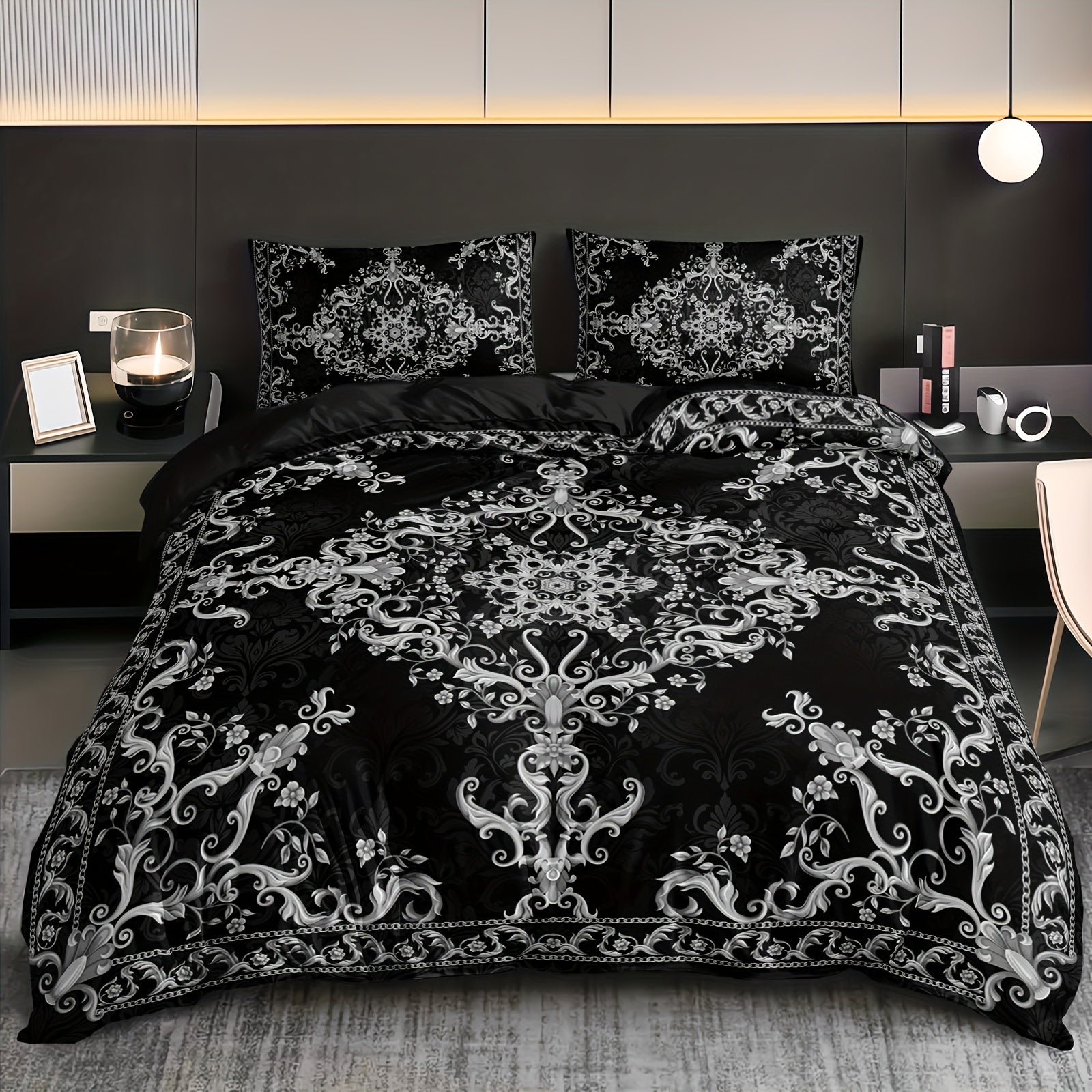 3-Piece Duvet Cover Set with Pillowcases Black and White Damask Digital Print Breathable Polyester All-Season