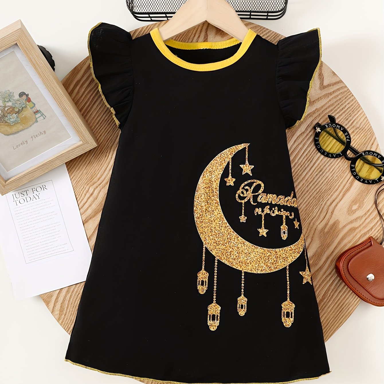 Girls' Summer Dress Sleeveless Cartoon Girl Lantern Moon Print Ruffled Yellow White