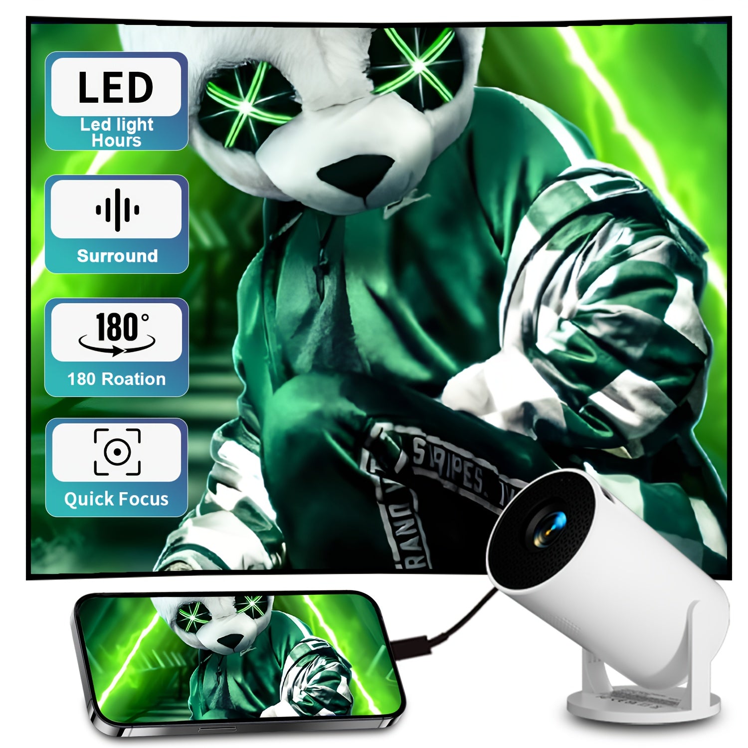 Мини портативный HD-проектор 1080P с вращением на 180° для домашнего кинотеатра