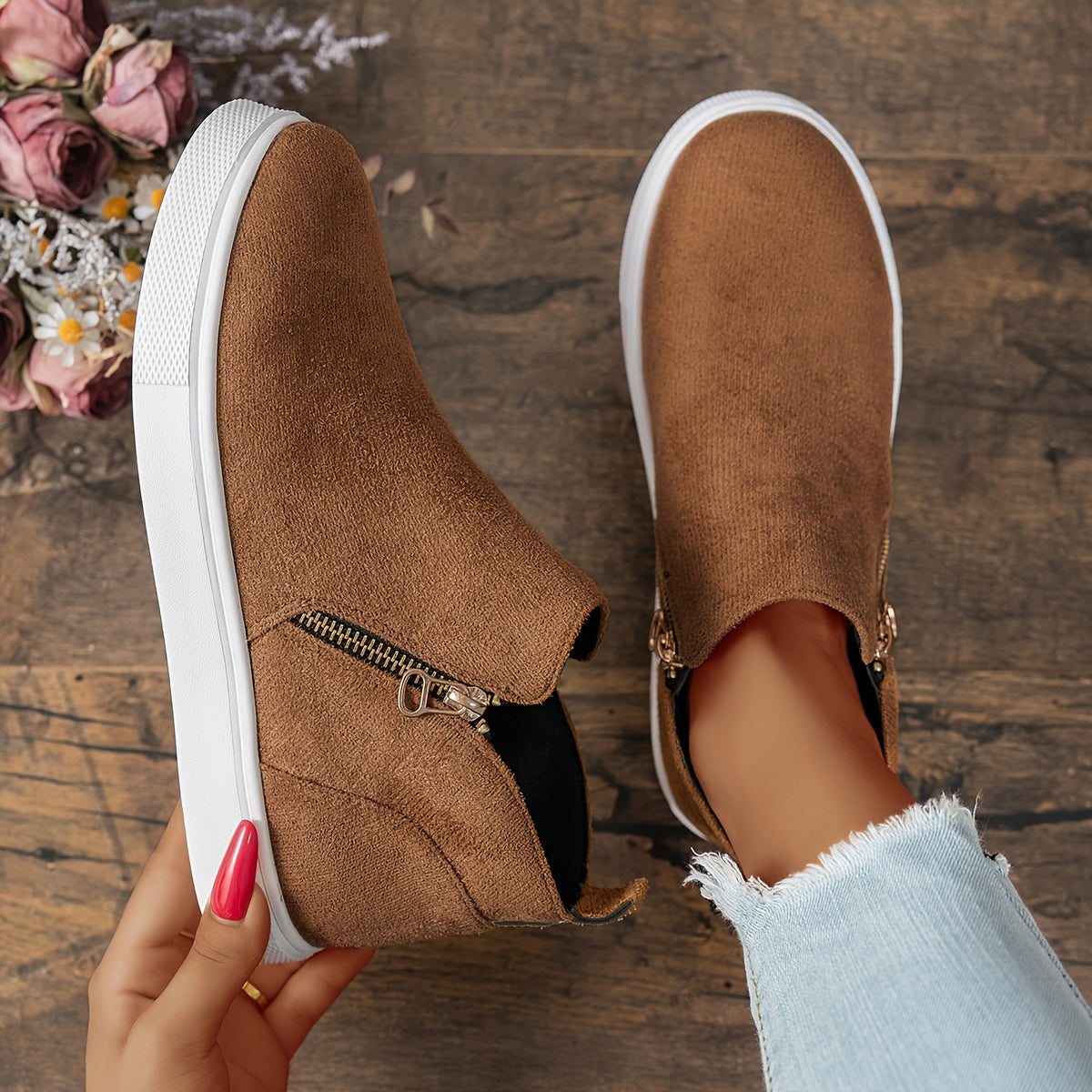 Women's Ankle Boots Retro Solid Color Flat Boots with Side Zipper