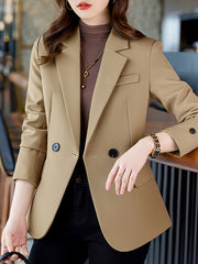 Women's Beige Double-Breasted Blazer with Lapel Collar for Spring
