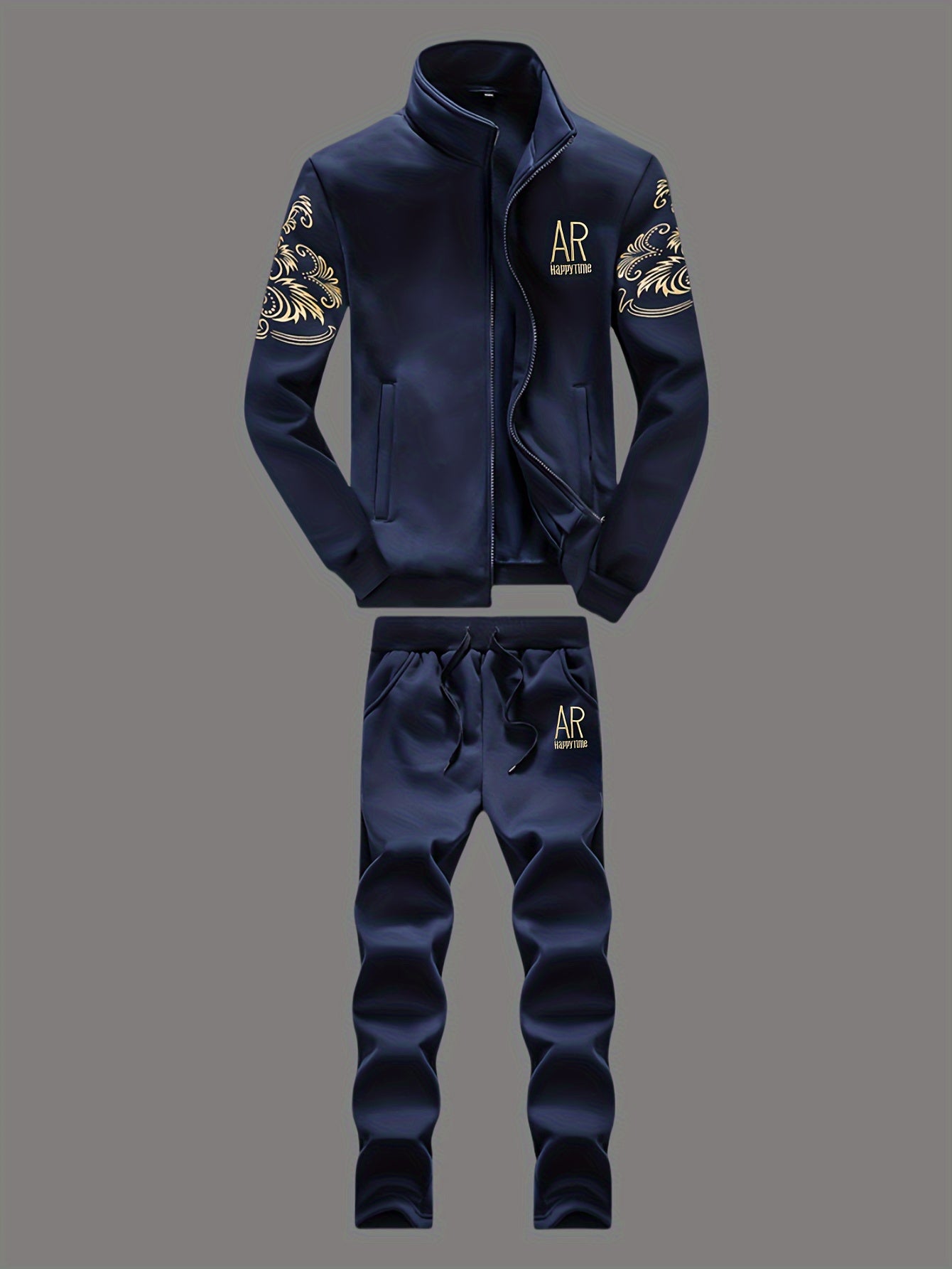 Men's Athletic Set with Stand Collar Zip-Up Jacket and Elastic Waist Joggers in Black and Gold Floral Pattern