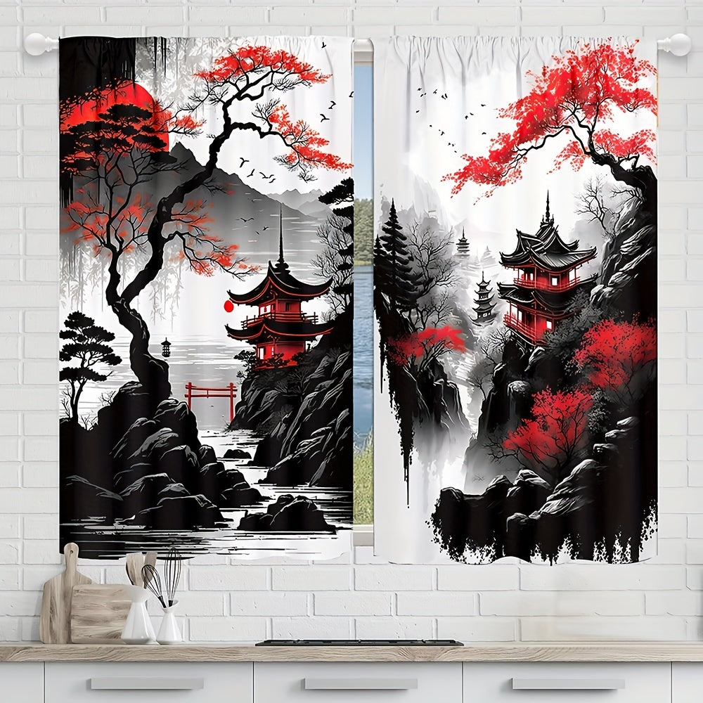 Set of 2 Japanese Mountain Ink Painting Print Curtains Polyester Rod Pocket for Living Room Bedroom Kitchen
