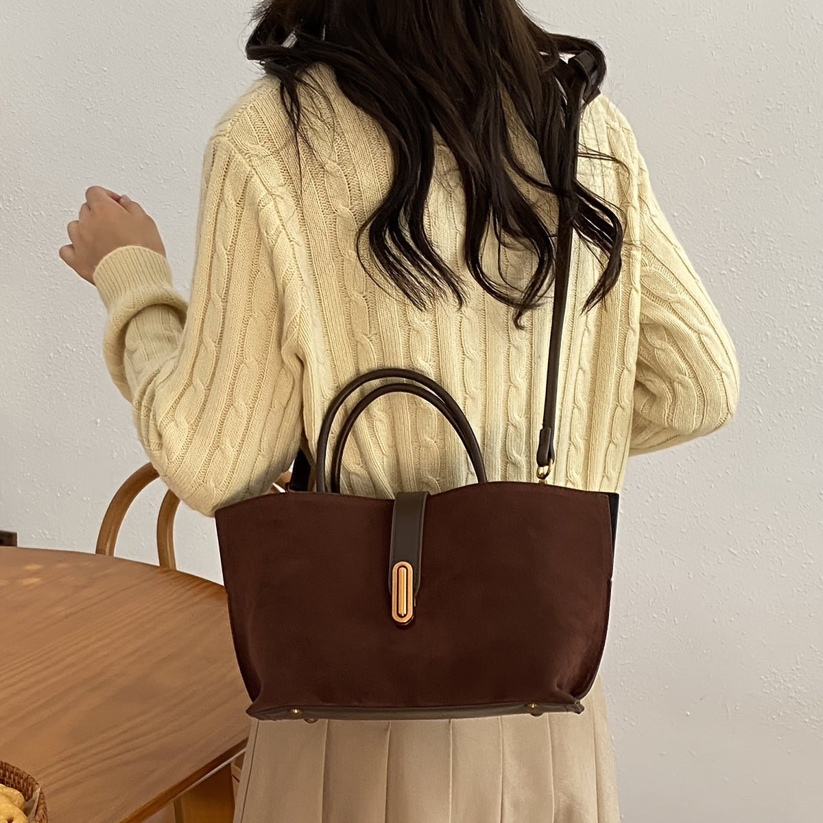 Vintage Suede Leather Tote Bag with Adjustable Shoulder Strap and Turn Lock Closure