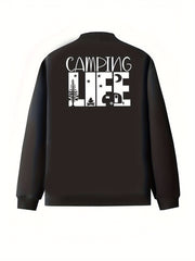 Women's Oversized Black Jacket with Camping Print All-Season Casual Coat