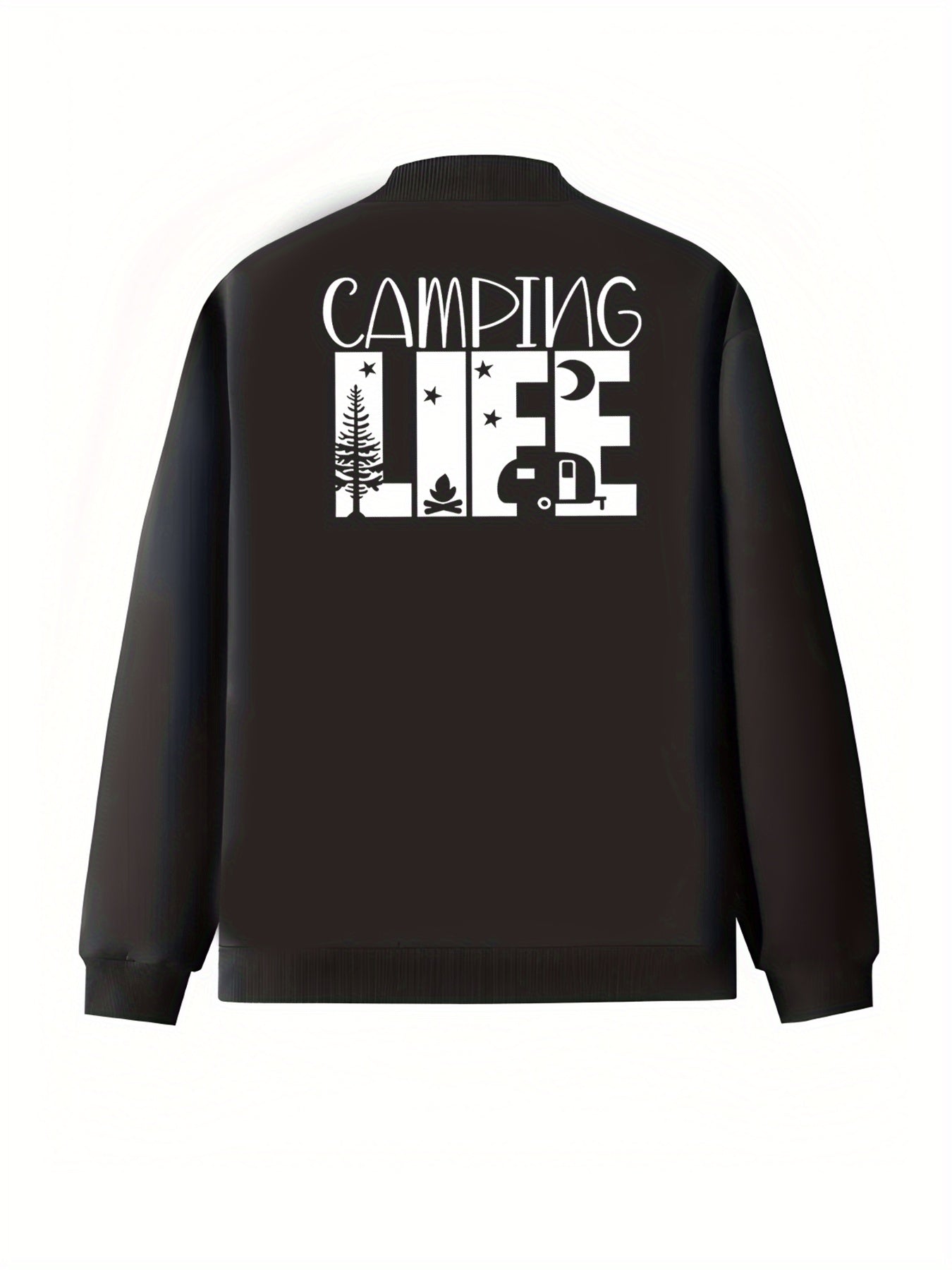 Women's Oversized Black Jacket with Camping Print All-Season Casual Coat