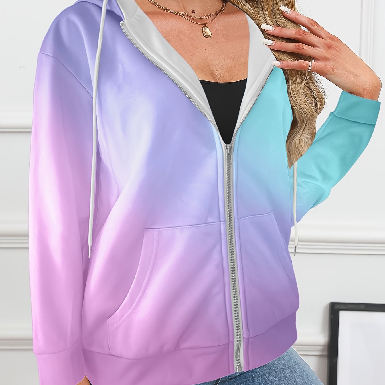 Женский худи с молнией и омбре 3D цифровой печатью, полиэстер, трикотаж, длинный рукав, повседневная куртка