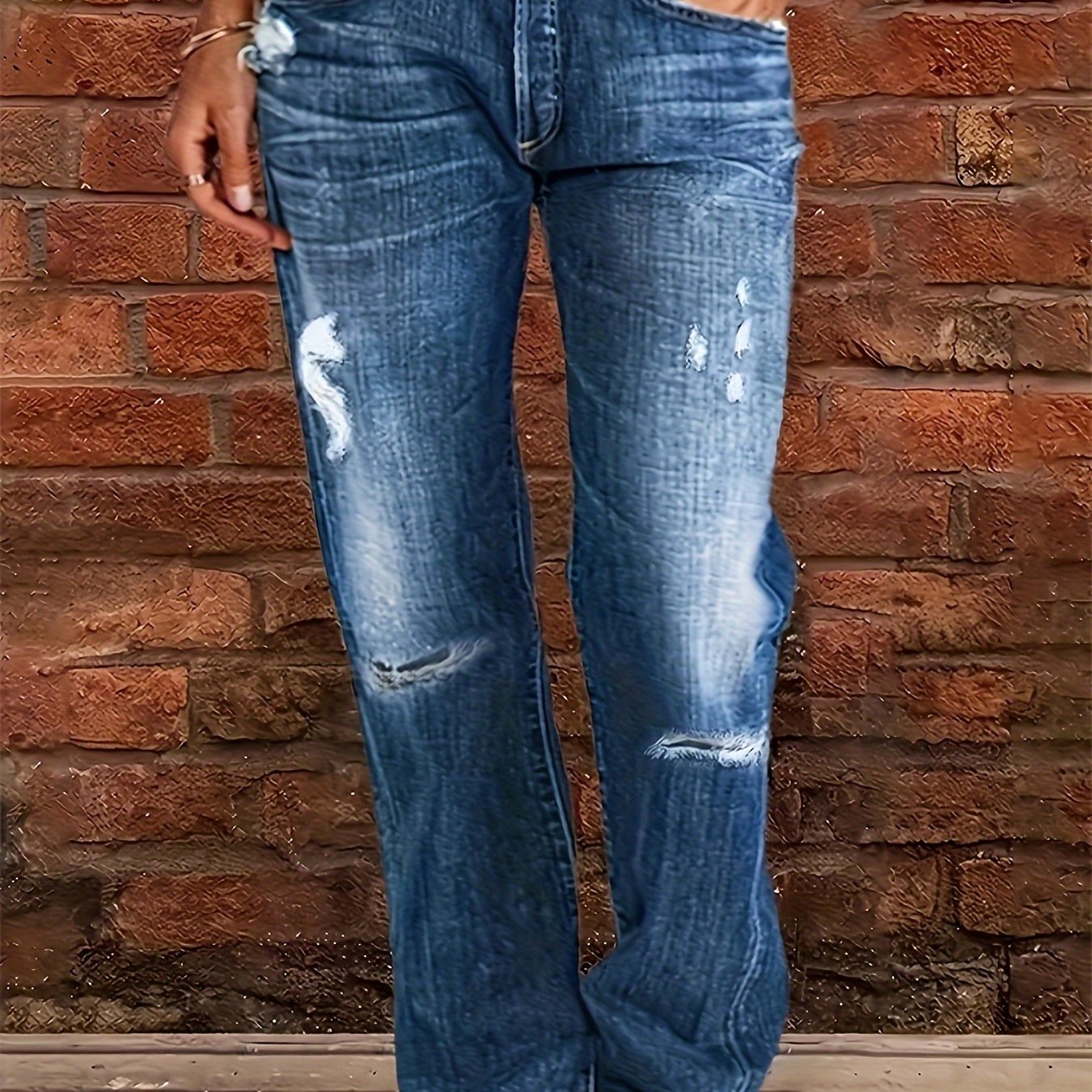 Women's Light Blue Distressed Straight Jeans High Stretch Casual