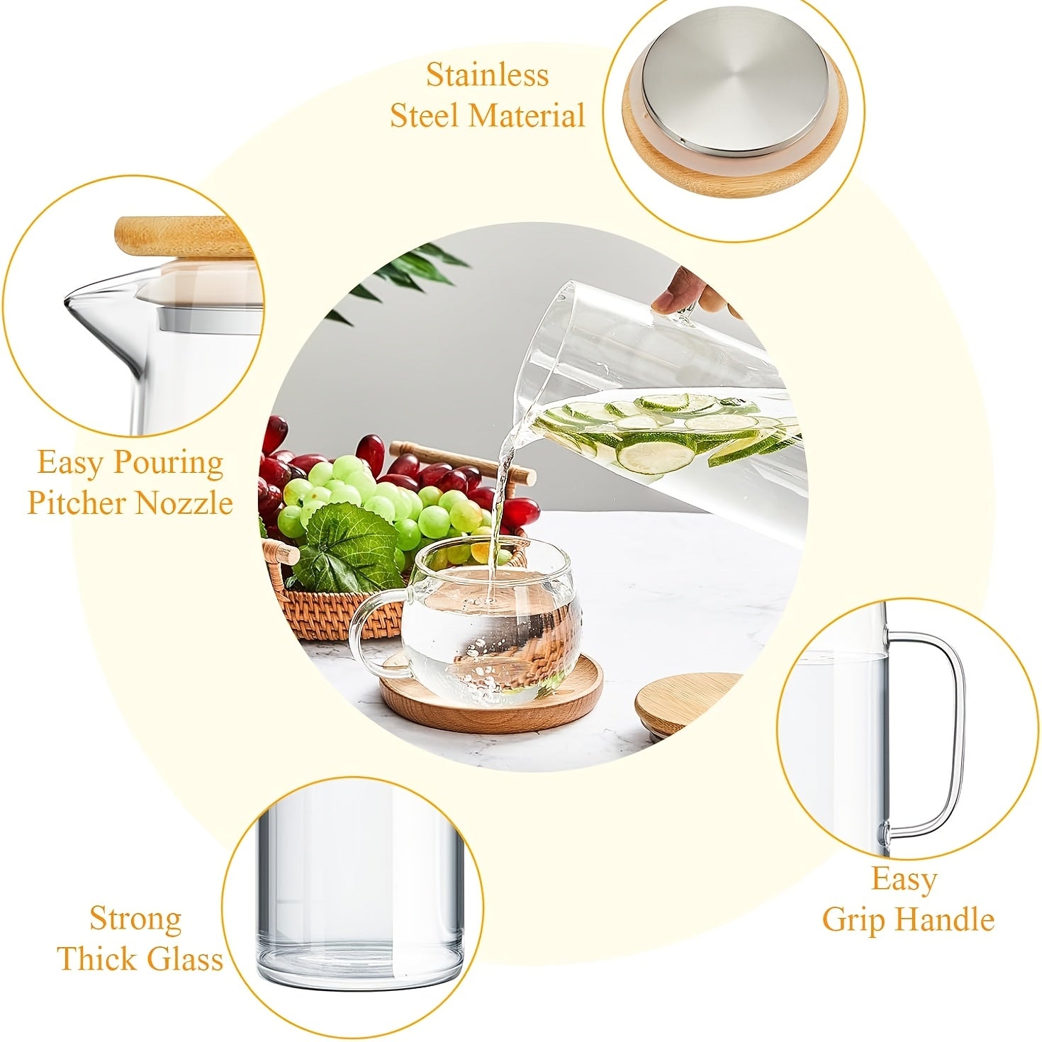 Leak-Proof Glass Pitcher with Bamboo Lid for Iced Tea Juice Water 64oz