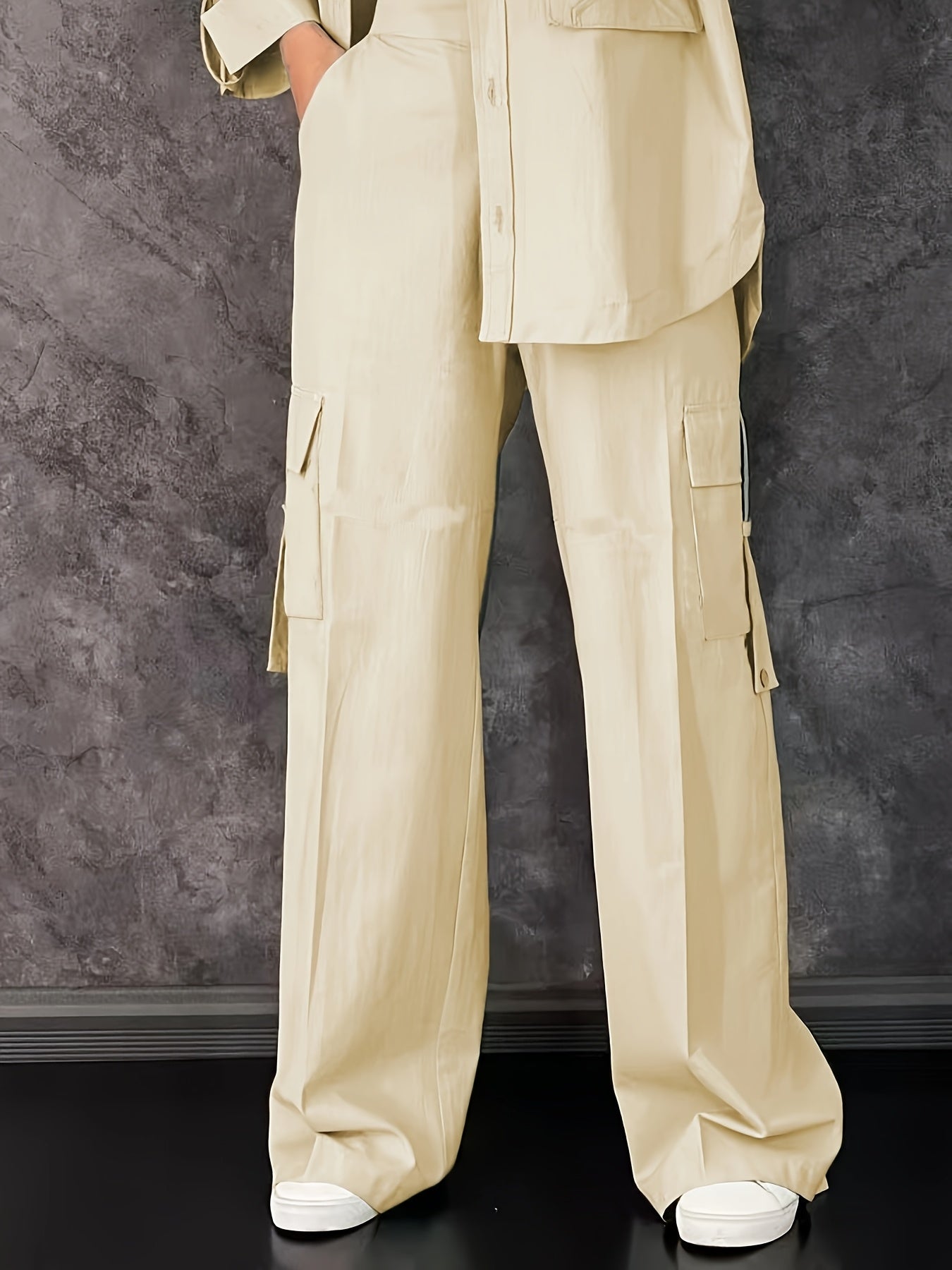 Pantalón conjunto casual de poliéster con grandes bolsillos y cuello de solapa para ropa de trabajo de primavera y otoño