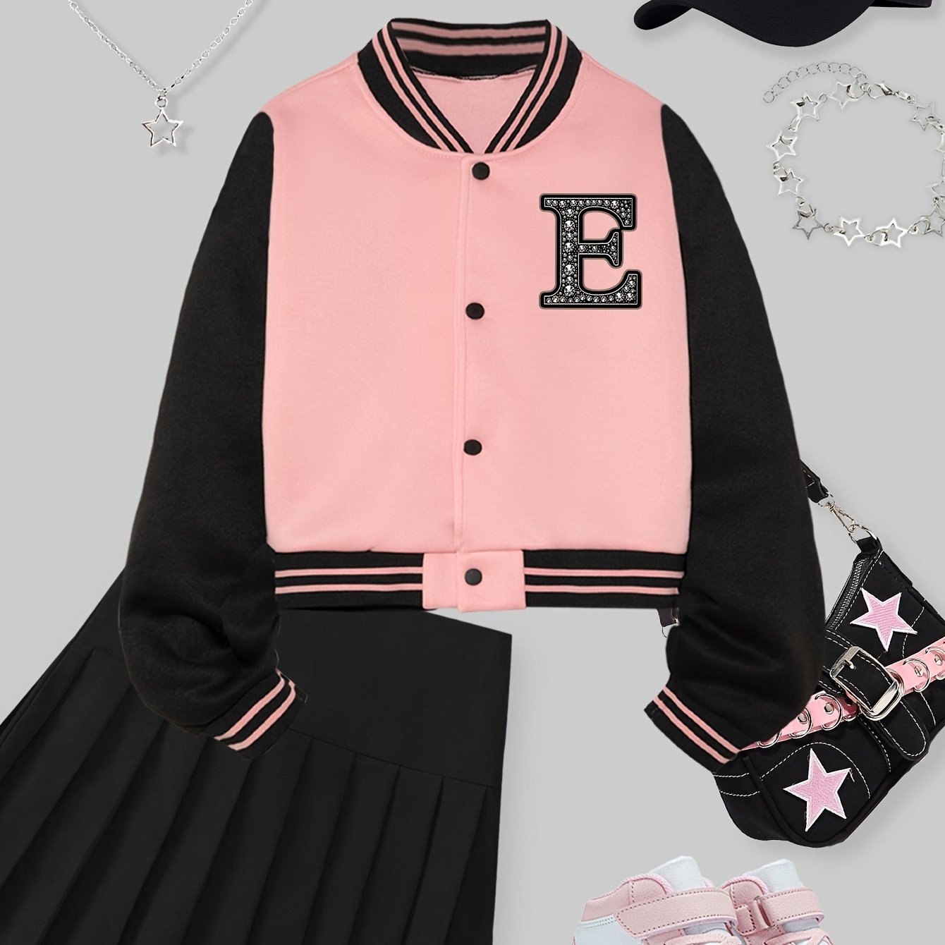 Qizlar uchun moda, qisqa yengli, harf E bosma, tasodifiy jilet, geometrik naqsh, beysbol yelkalari va tikuvli tafsilotlar bilan