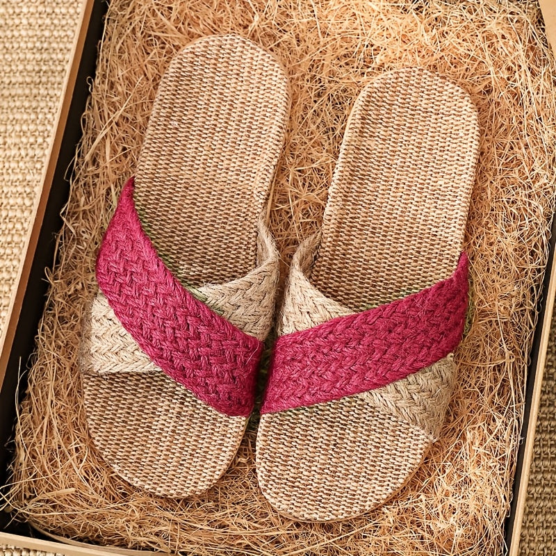 Women's Linen Slip-On House Slippers Non-Slip Indoor Outdoor Shoes Beige Brown Red