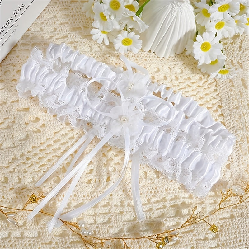 Set of 2 Lace Bridal Garters with Faux Pearl Stretch for Weddings and Special Occasions