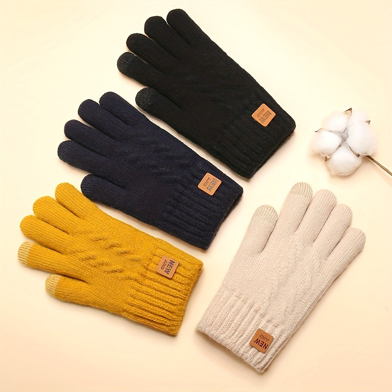 Double Layer Knitted Gloves with Velvet Lining Warm Touch Screen Short Winter Gloves Solid Color Elastic