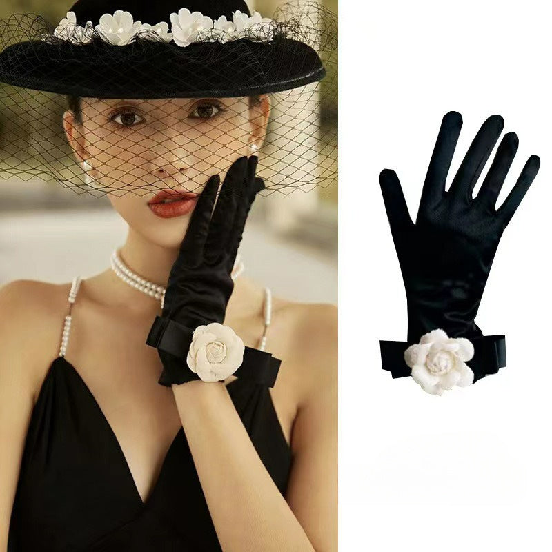 Black Evening Gloves for Women with Floral Cuff Polyester Spandex Blend Elegant Handwear