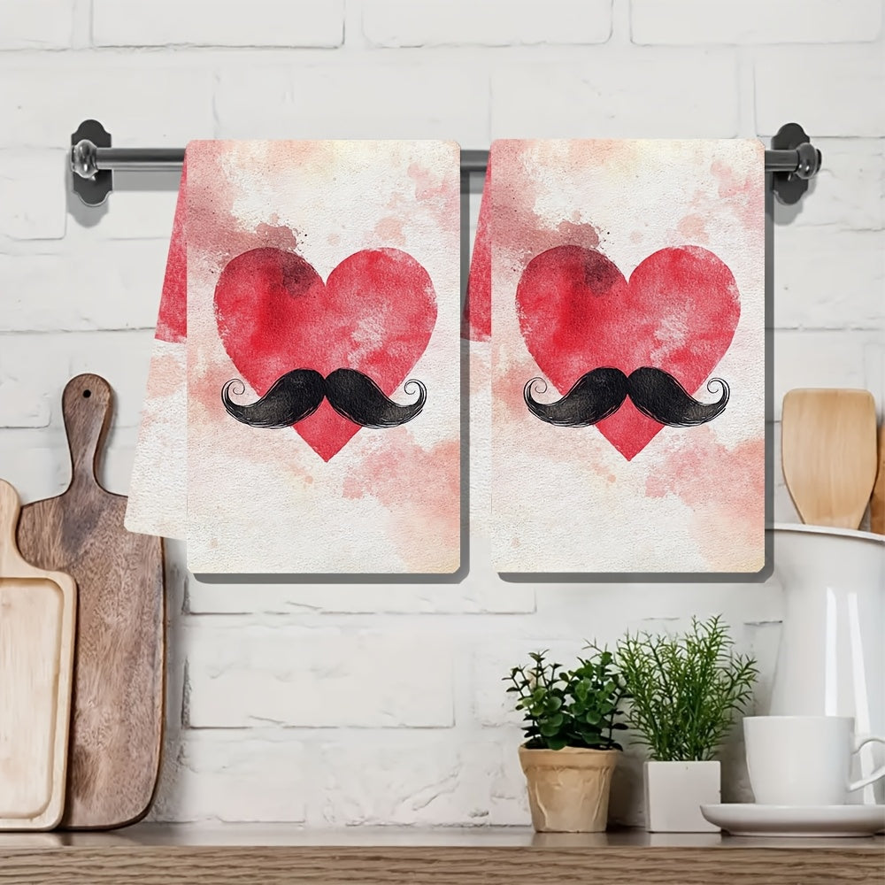 Set of 2 Soft Kitchen Towels with Heart and Mustache Design, 40x60 cm
