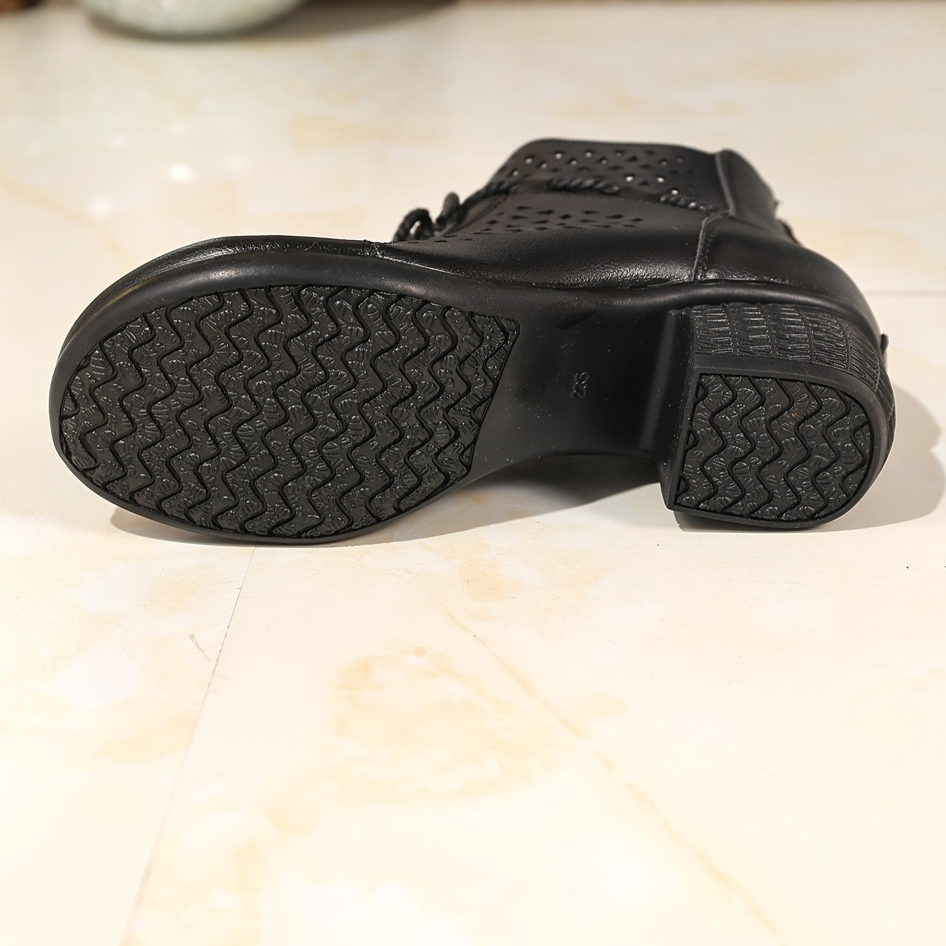 Women's Ethnic Cut-Out Ankle Boots with Bow Faux Leather Chunky Heel Black