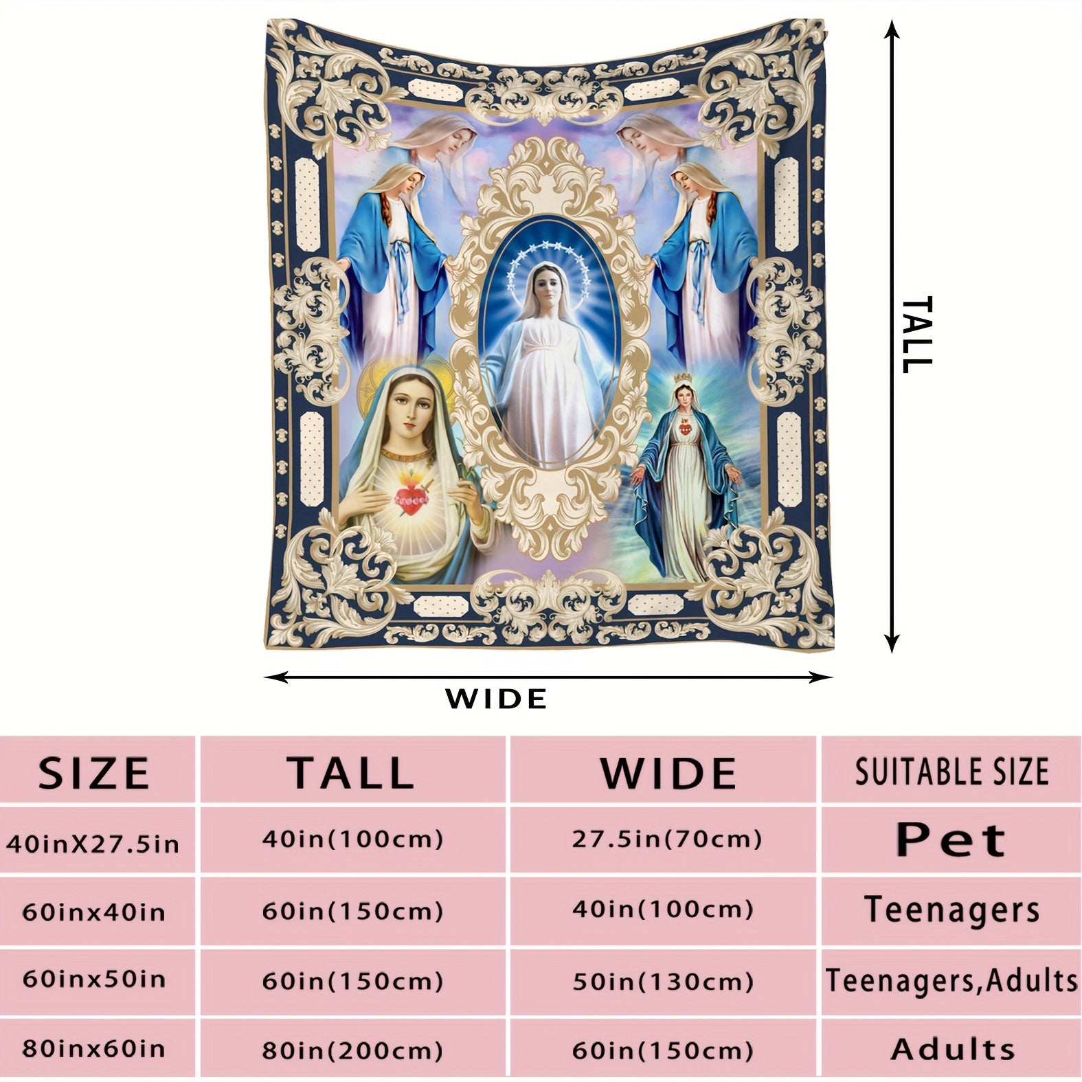 Religious Blanket Virgin Mary Flannel Fleece Throw for Christians and Catholics