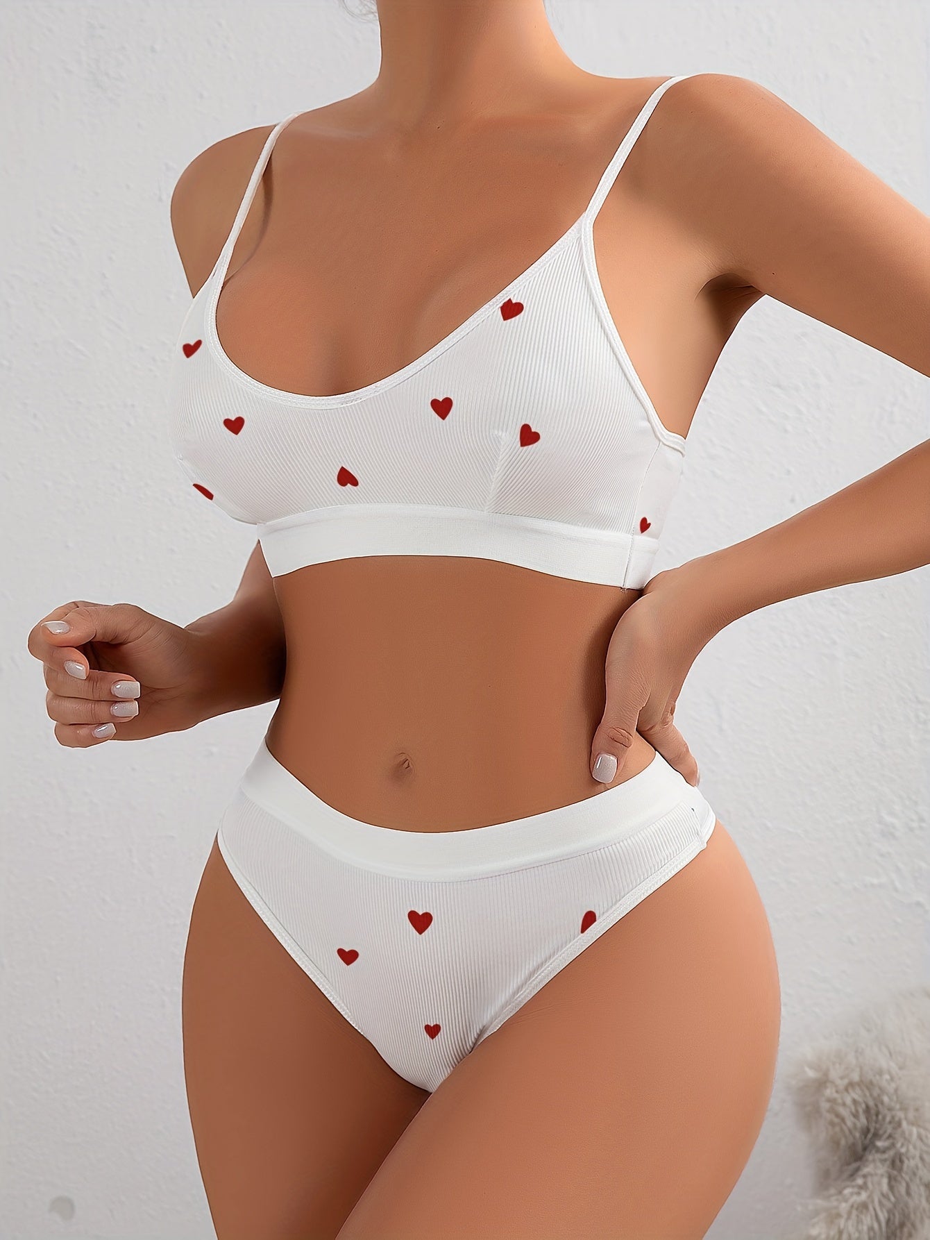 Cherry Print Ribbed Lingerie Set with Elastic Waistband and Elastane Fabric