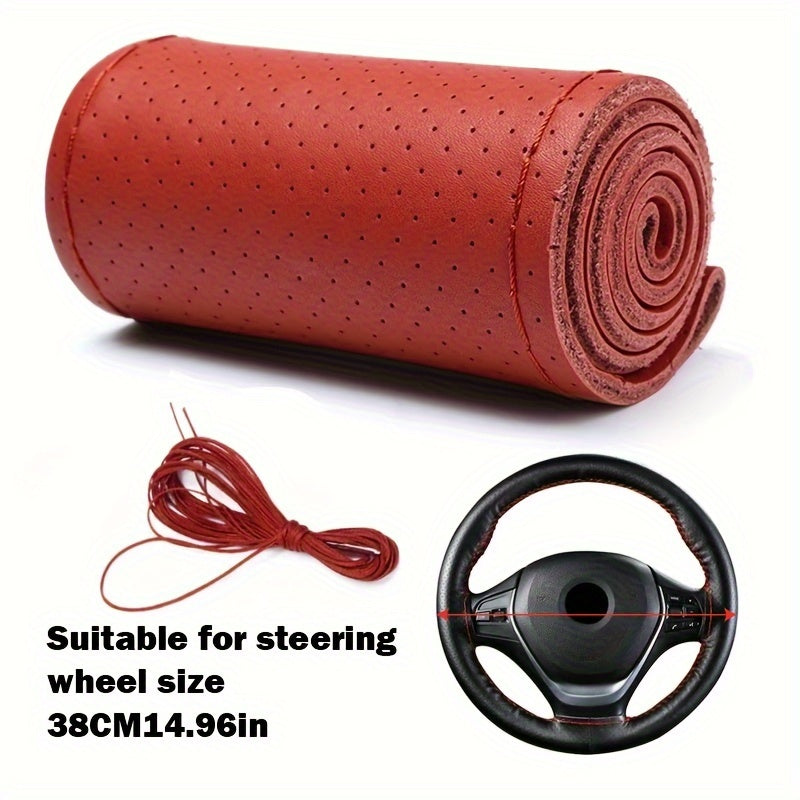 Universal PU Boshqaruv g'ildirak qoplamasi, chidamli, tutqichli, qizil tikuvlar, 38cm, avtomobil aksessuari
