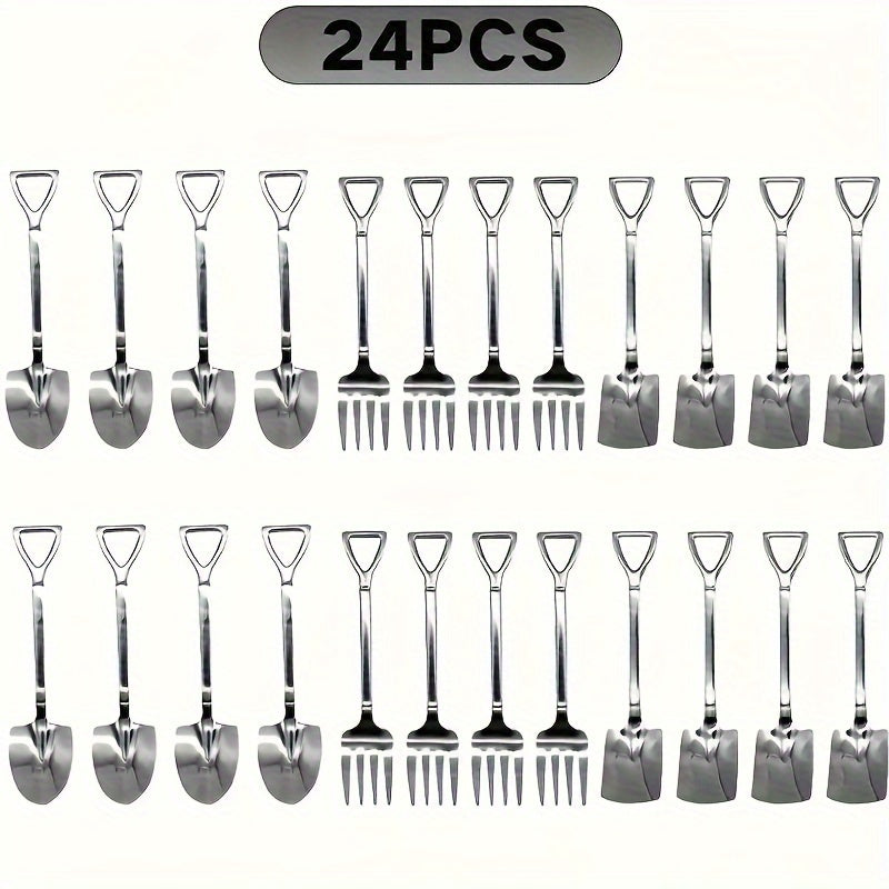 Set de mini espátulas y tenedores para postres, 24 piezas, cubertería de acero inoxidable plateada