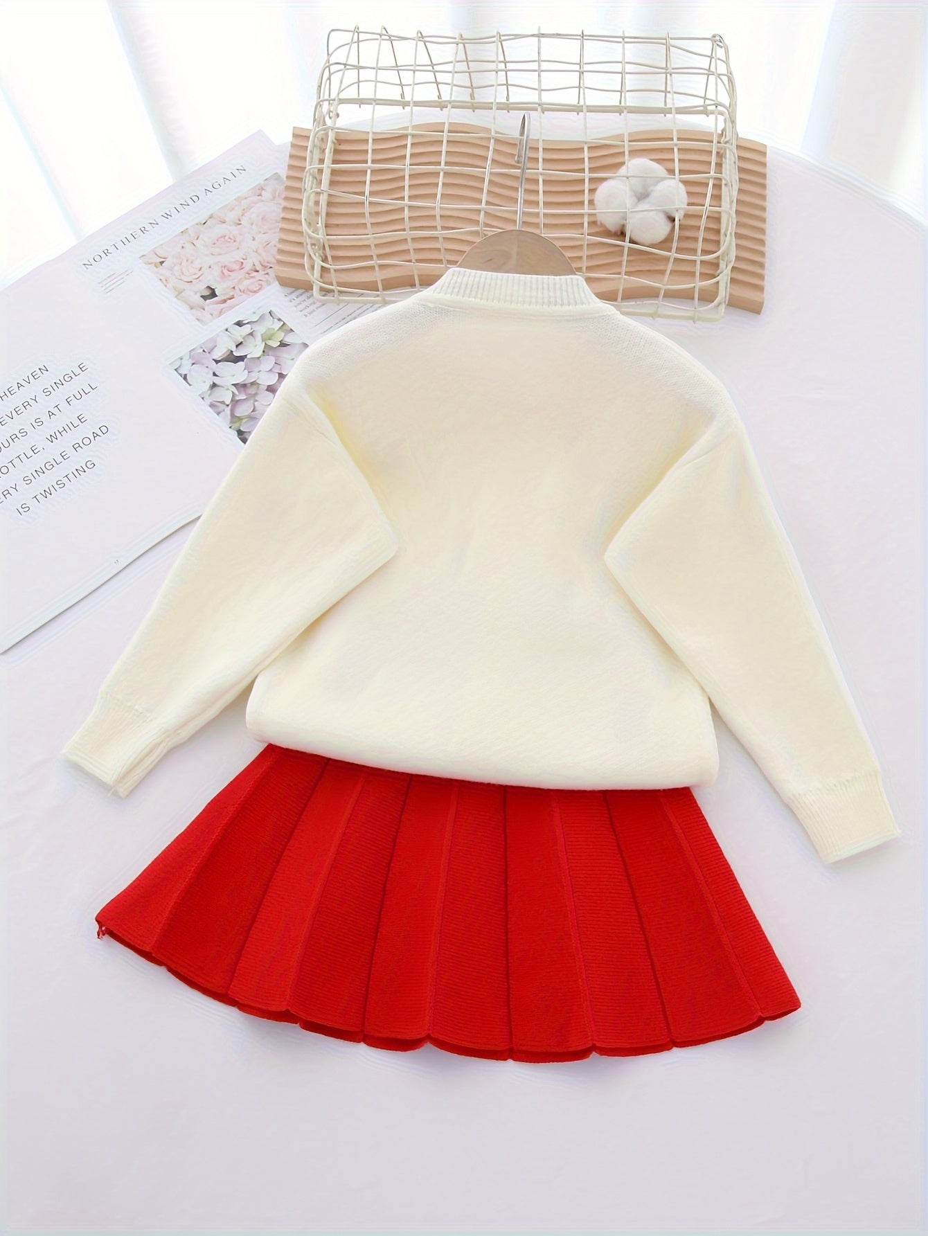 Girls Kids Spring Fall Outfit Set Cardigan Sweater and Pleated Skirt