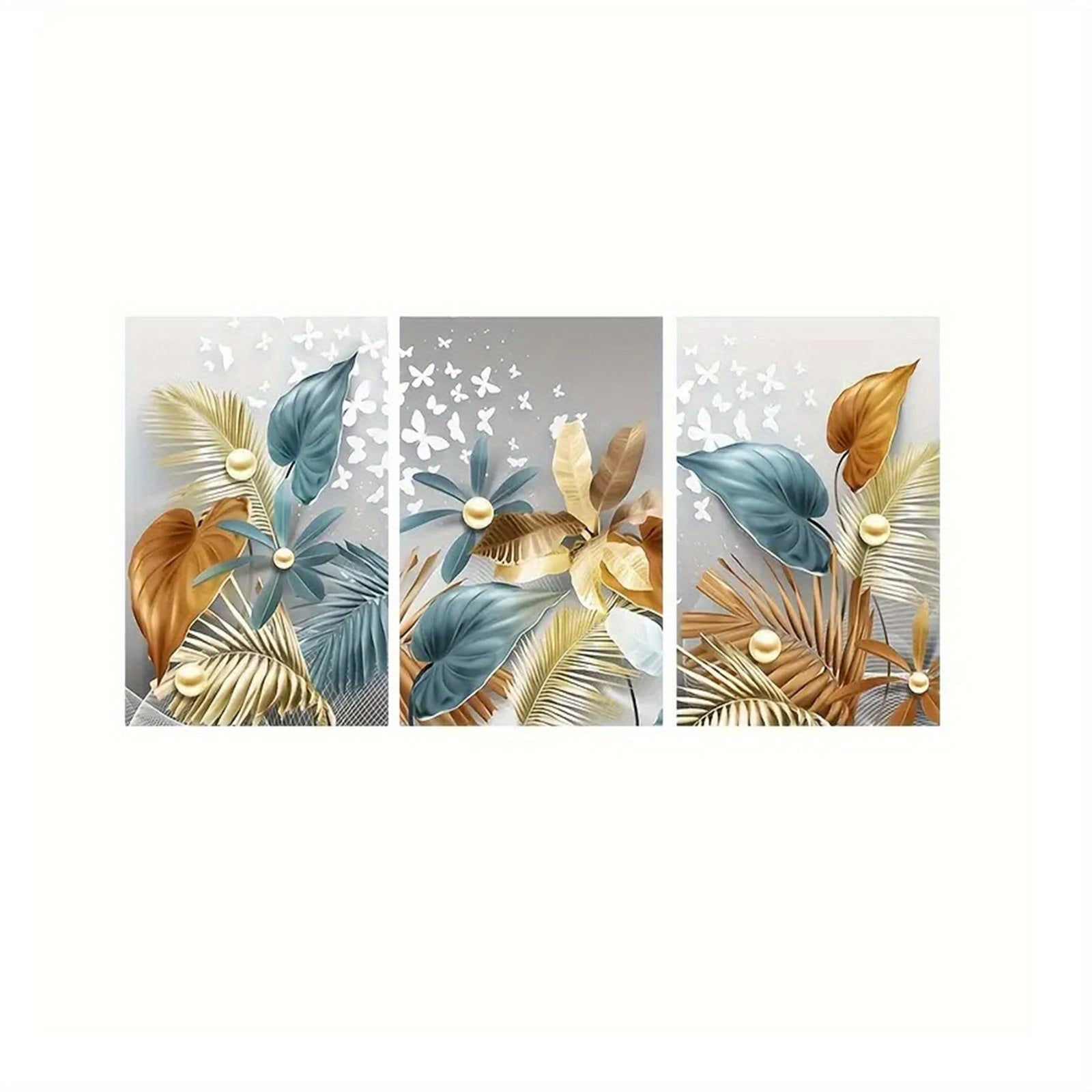 Frameless Canvas Wall Art Set of 3 Golden Butterfly Leaves Portrait 12x16 Inches